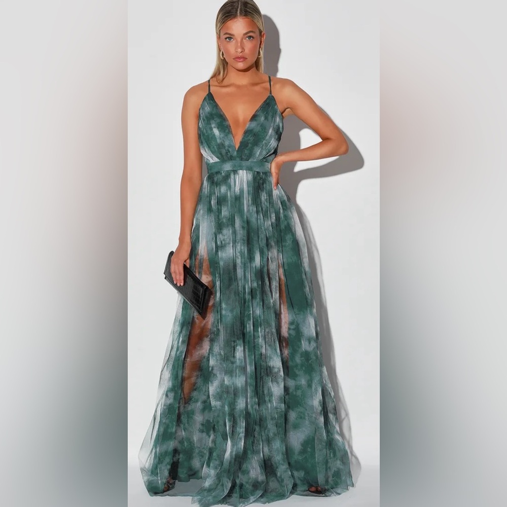 NWT Lulus Elegant Moment Emerald Green Tie Dye Backless Maxi Dress Size XL NEW